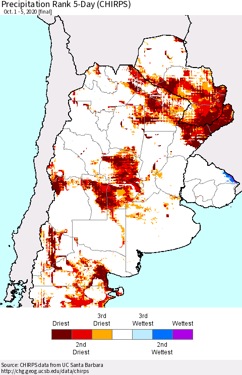Southern South America Precipitation Rank since 1981, 5-Day (CHIRPS) Thematic Map For 10/1/2020 - 10/5/2020