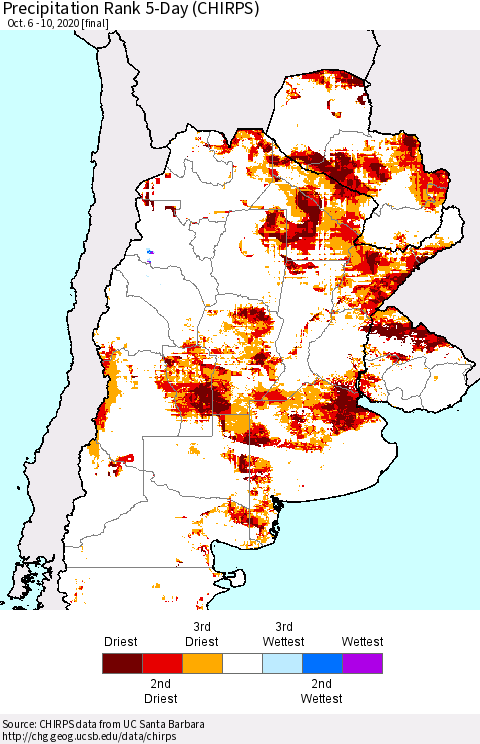 Southern South America Precipitation Rank since 1981, 5-Day (CHIRPS) Thematic Map For 10/6/2020 - 10/10/2020