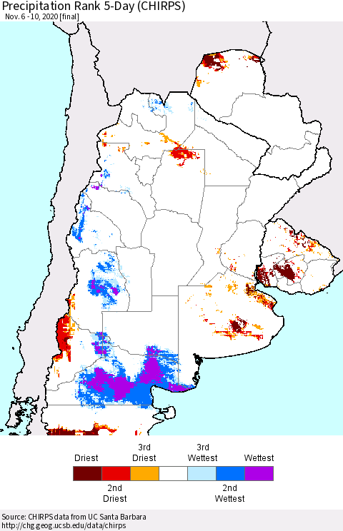 Southern South America Precipitation Rank since 1981, 5-Day (CHIRPS) Thematic Map For 11/6/2020 - 11/10/2020
