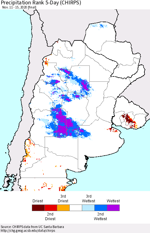 Southern South America Precipitation Rank since 1981, 5-Day (CHIRPS) Thematic Map For 11/11/2020 - 11/15/2020