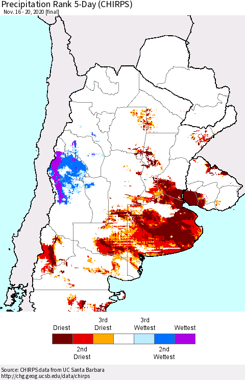Southern South America Precipitation Rank since 1981, 5-Day (CHIRPS) Thematic Map For 11/16/2020 - 11/20/2020