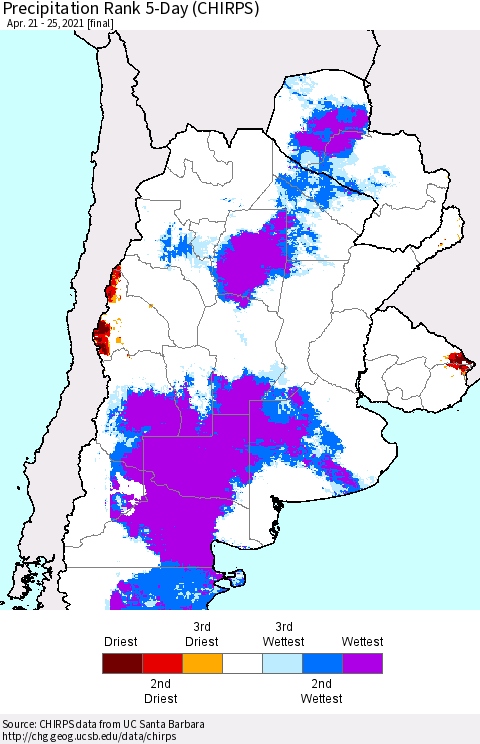 Southern South America Precipitation Rank since 1981, 5-Day (CHIRPS) Thematic Map For 4/21/2021 - 4/25/2021