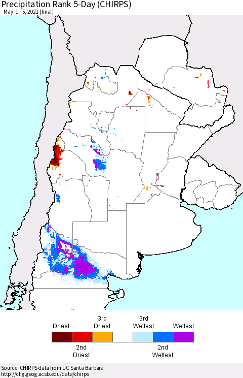 Southern South America Precipitation Rank 5-Day (CHIRPS) Thematic Map For 5/1/2021 - 5/5/2021