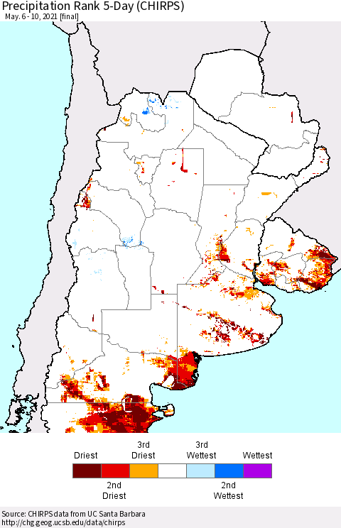 Southern South America Precipitation Rank 5-Day (CHIRPS) Thematic Map For 5/6/2021 - 5/10/2021