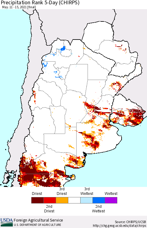 Southern South America Precipitation Rank since 1981, 5-Day (CHIRPS) Thematic Map For 5/11/2021 - 5/15/2021