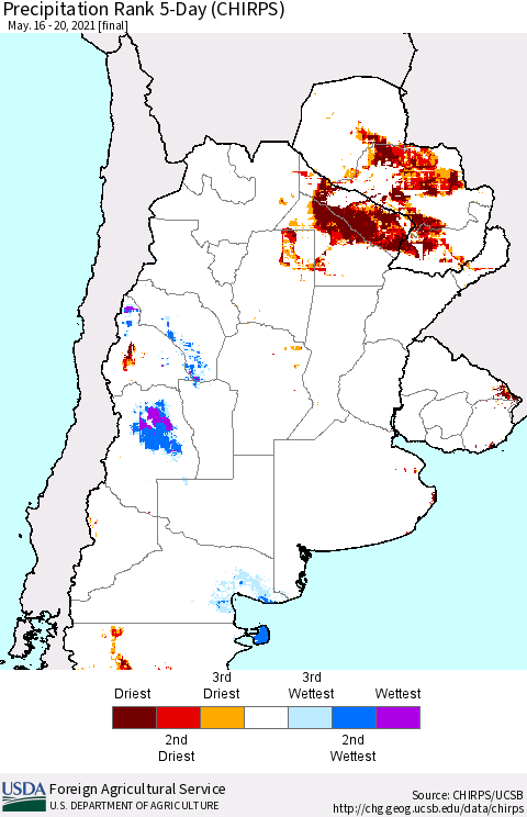 Southern South America Precipitation Rank 5-Day (CHIRPS) Thematic Map For 5/16/2021 - 5/20/2021