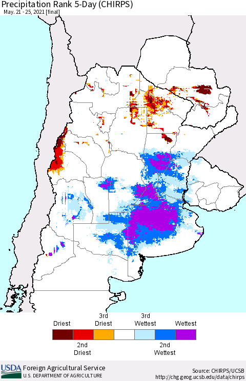 Southern South America Precipitation Rank since 1981, 5-Day (CHIRPS) Thematic Map For 5/21/2021 - 5/25/2021