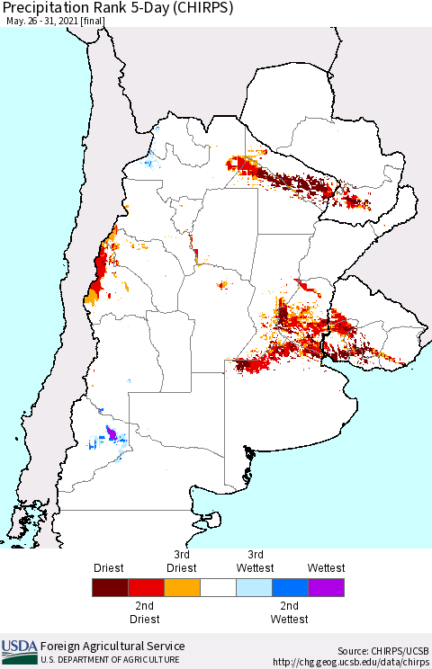 Southern South America Precipitation Rank 5-Day (CHIRPS) Thematic Map For 5/26/2021 - 5/31/2021