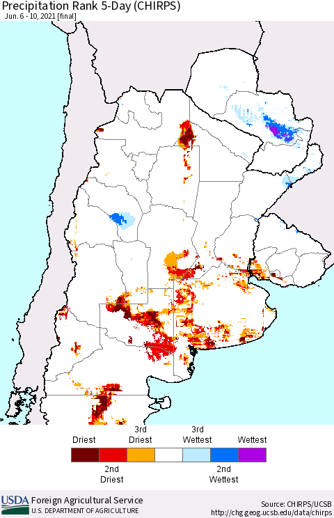 Southern South America Precipitation Rank 5-Day (CHIRPS) Thematic Map For 6/6/2021 - 6/10/2021