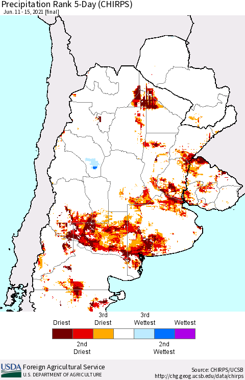 Southern South America Precipitation Rank 5-Day (CHIRPS) Thematic Map For 6/11/2021 - 6/15/2021