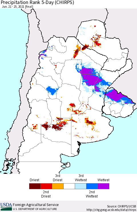 Southern South America Precipitation Rank since 1981, 5-Day (CHIRPS) Thematic Map For 6/21/2021 - 6/25/2021