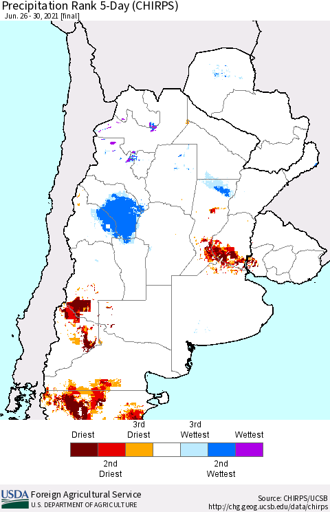 Southern South America Precipitation Rank since 1981, 5-Day (CHIRPS) Thematic Map For 6/26/2021 - 6/30/2021
