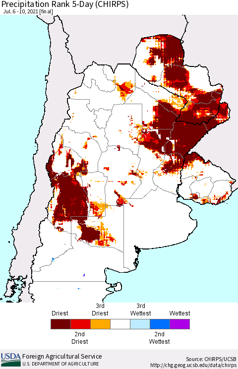 Southern South America Precipitation Rank 5-Day (CHIRPS) Thematic Map For 7/6/2021 - 7/10/2021
