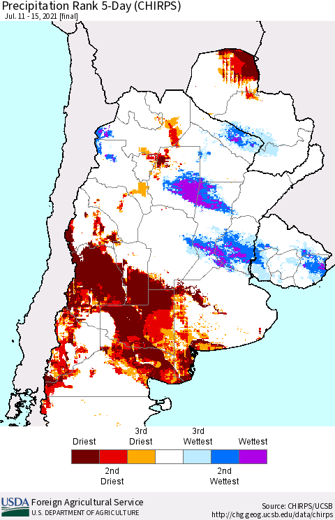 Southern South America Precipitation Rank since 1981, 5-Day (CHIRPS) Thematic Map For 7/11/2021 - 7/15/2021