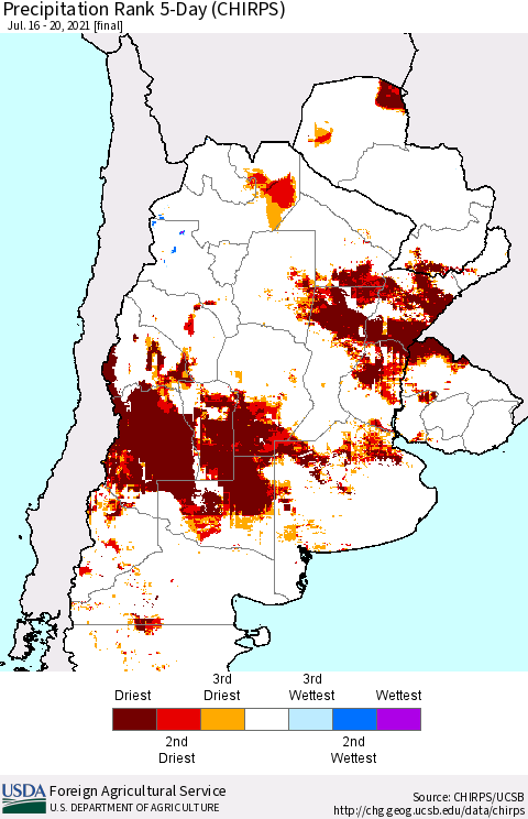 Southern South America Precipitation Rank 5-Day (CHIRPS) Thematic Map For 7/16/2021 - 7/20/2021