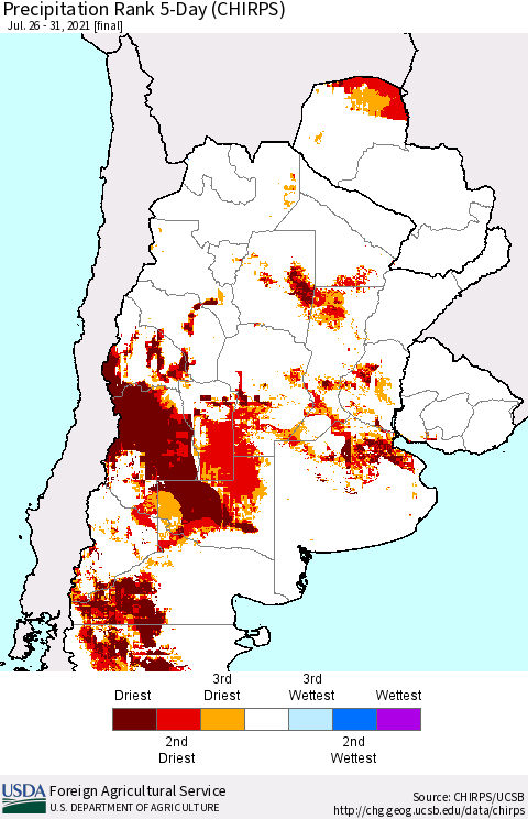 Southern South America Precipitation Rank 5-Day (CHIRPS) Thematic Map For 7/26/2021 - 7/31/2021