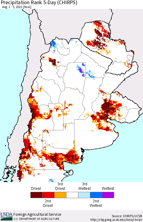 Southern South America Precipitation Rank since 1981, 5-Day (CHIRPS) Thematic Map For 8/1/2021 - 8/5/2021