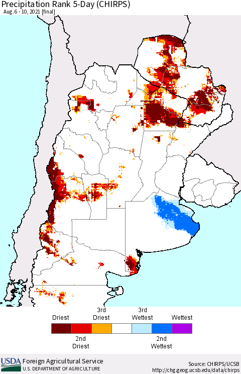 Southern South America Precipitation Rank 5-Day (CHIRPS) Thematic Map For 8/6/2021 - 8/10/2021