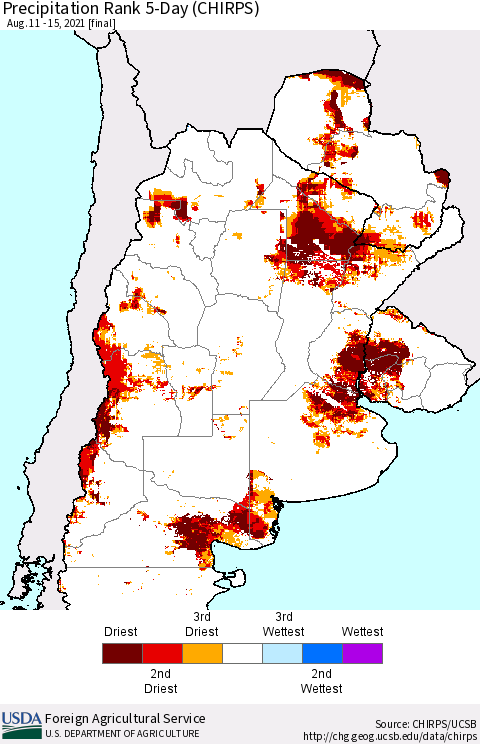 Southern South America Precipitation Rank since 1981, 5-Day (CHIRPS) Thematic Map For 8/11/2021 - 8/15/2021