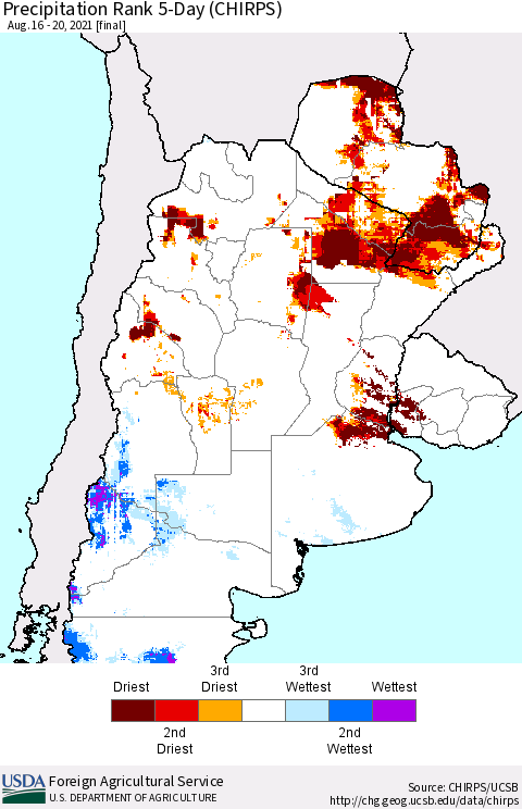 Southern South America Precipitation Rank since 1981, 5-Day (CHIRPS) Thematic Map For 8/16/2021 - 8/20/2021