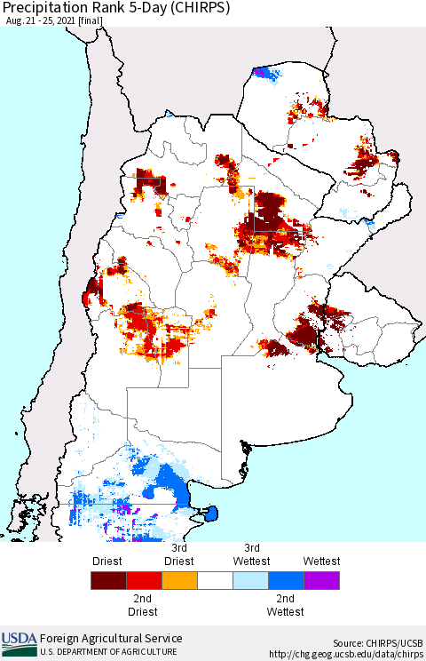 Southern South America Precipitation Rank since 1981, 5-Day (CHIRPS) Thematic Map For 8/21/2021 - 8/25/2021