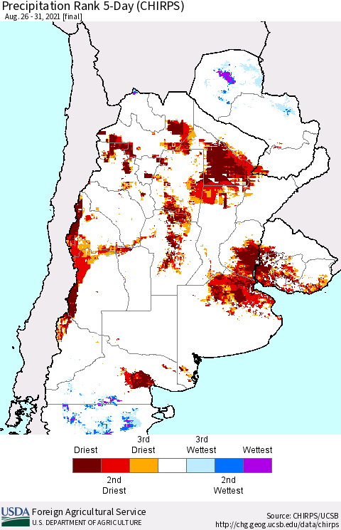 Southern South America Precipitation Rank since 1981, 5-Day (CHIRPS) Thematic Map For 8/26/2021 - 8/31/2021