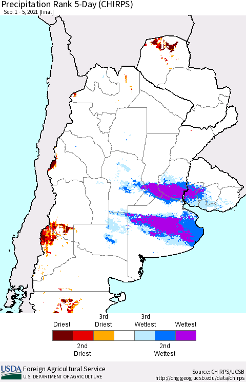 Southern South America Precipitation Rank 5-Day (CHIRPS) Thematic Map For 9/1/2021 - 9/5/2021