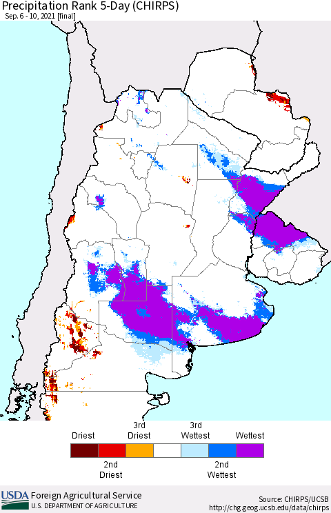 Southern South America Precipitation Rank 5-Day (CHIRPS) Thematic Map For 9/6/2021 - 9/10/2021