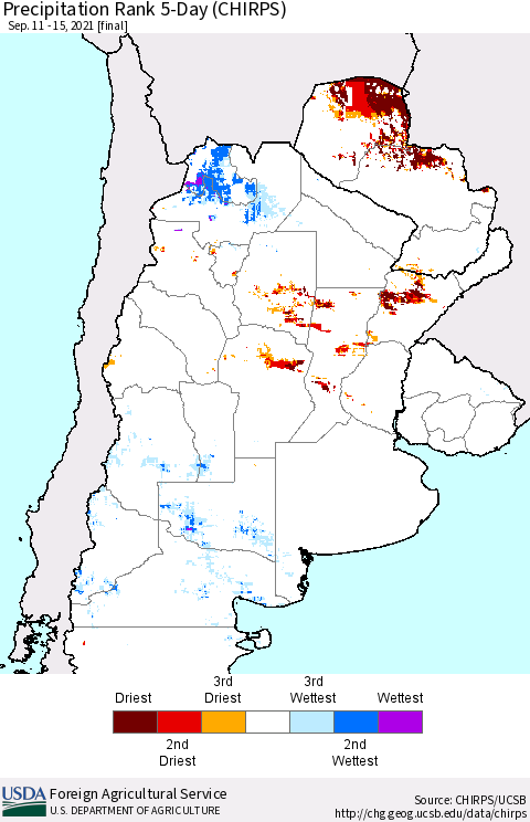Southern South America Precipitation Rank 5-Day (CHIRPS) Thematic Map For 9/11/2021 - 9/15/2021