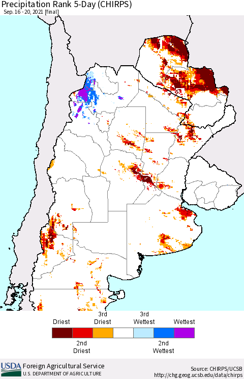 Southern South America Precipitation Rank since 1981, 5-Day (CHIRPS) Thematic Map For 9/16/2021 - 9/20/2021