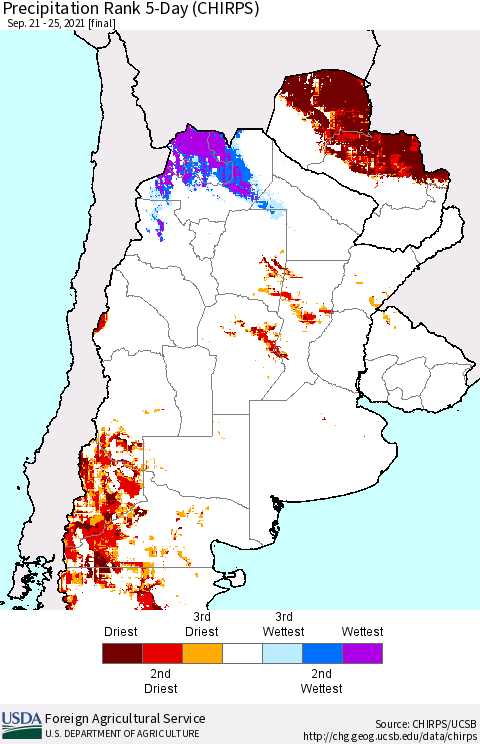 Southern South America Precipitation Rank 5-Day (CHIRPS) Thematic Map For 9/21/2021 - 9/25/2021