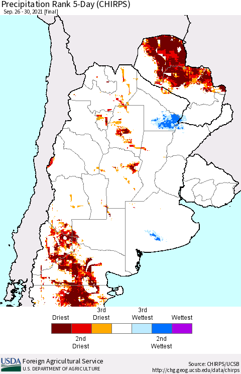 Southern South America Precipitation Rank 5-Day (CHIRPS) Thematic Map For 9/26/2021 - 9/30/2021