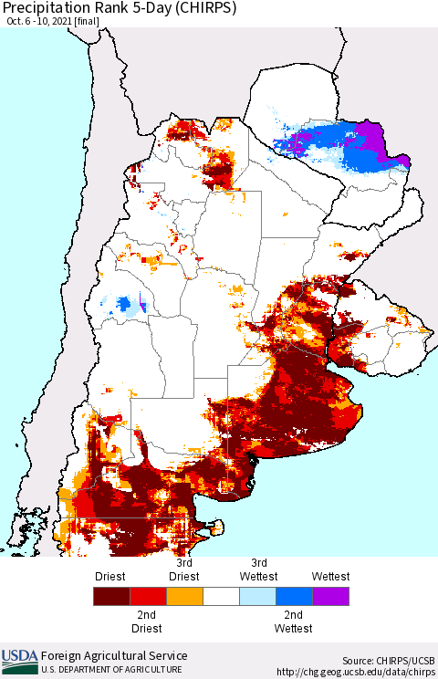 Southern South America Precipitation Rank 5-Day (CHIRPS) Thematic Map For 10/6/2021 - 10/10/2021