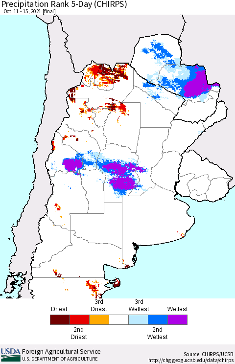 Southern South America Precipitation Rank 5-Day (CHIRPS) Thematic Map For 10/11/2021 - 10/15/2021