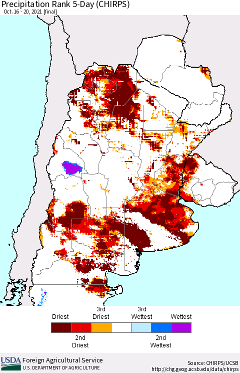 Southern South America Precipitation Rank since 1981, 5-Day (CHIRPS) Thematic Map For 10/16/2021 - 10/20/2021
