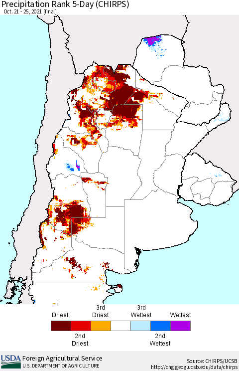Southern South America Precipitation Rank 5-Day (CHIRPS) Thematic Map For 10/21/2021 - 10/25/2021