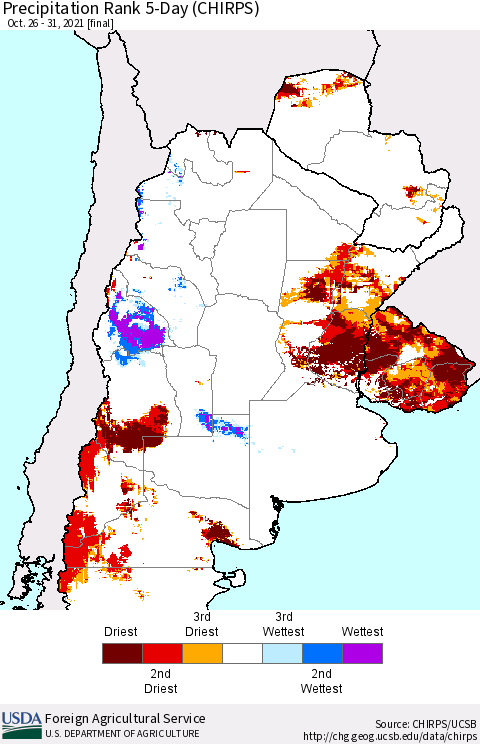 Southern South America Precipitation Rank 5-Day (CHIRPS) Thematic Map For 10/26/2021 - 10/31/2021
