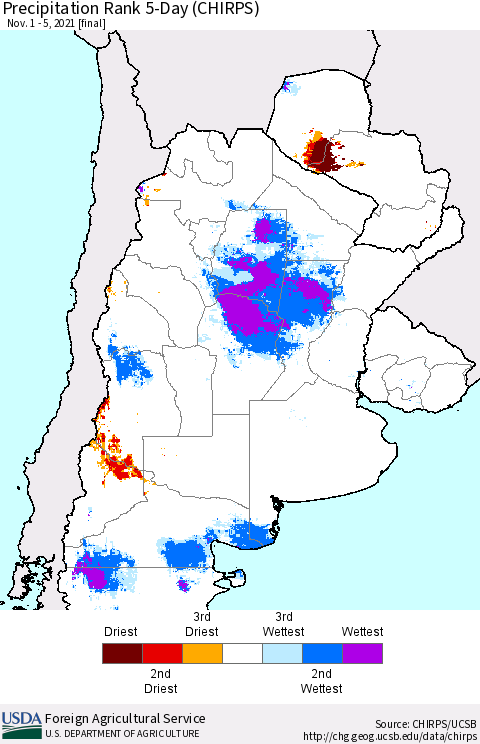 Southern South America Precipitation Rank 5-Day (CHIRPS) Thematic Map For 11/1/2021 - 11/5/2021