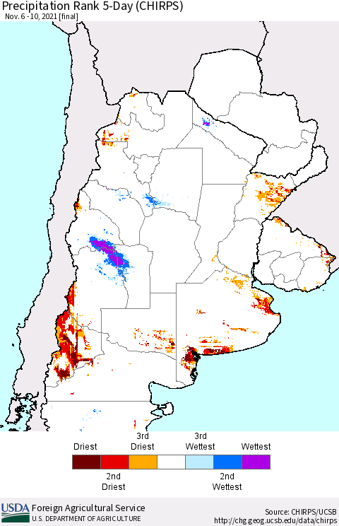 Southern South America Precipitation Rank since 1981, 5-Day (CHIRPS) Thematic Map For 11/6/2021 - 11/10/2021