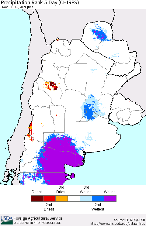 Southern South America Precipitation Rank 5-Day (CHIRPS) Thematic Map For 11/11/2021 - 11/15/2021