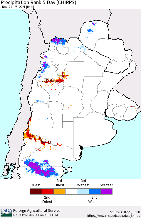 Southern South America Precipitation Rank since 1981, 5-Day (CHIRPS) Thematic Map For 11/21/2021 - 11/25/2021
