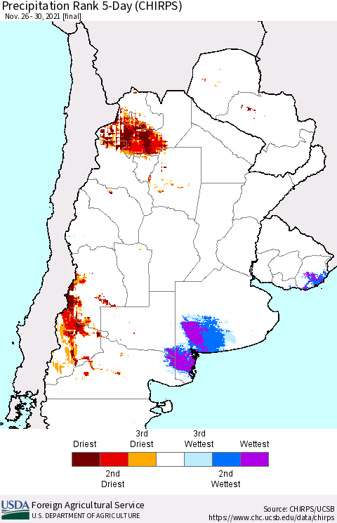Southern South America Precipitation Rank since 1981, 5-Day (CHIRPS) Thematic Map For 11/26/2021 - 11/30/2021