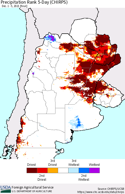 Southern South America Precipitation Rank 5-Day (CHIRPS) Thematic Map For 12/1/2021 - 12/5/2021