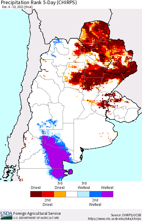 Southern South America Precipitation Rank 5-Day (CHIRPS) Thematic Map For 12/6/2021 - 12/10/2021