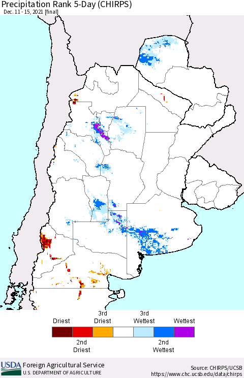 Southern South America Precipitation Rank 5-Day (CHIRPS) Thematic Map For 12/11/2021 - 12/15/2021