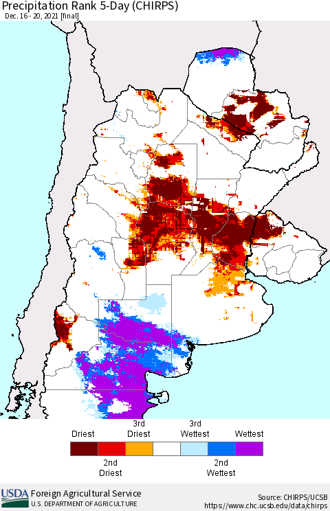 Southern South America Precipitation Rank 5-Day (CHIRPS) Thematic Map For 12/16/2021 - 12/20/2021