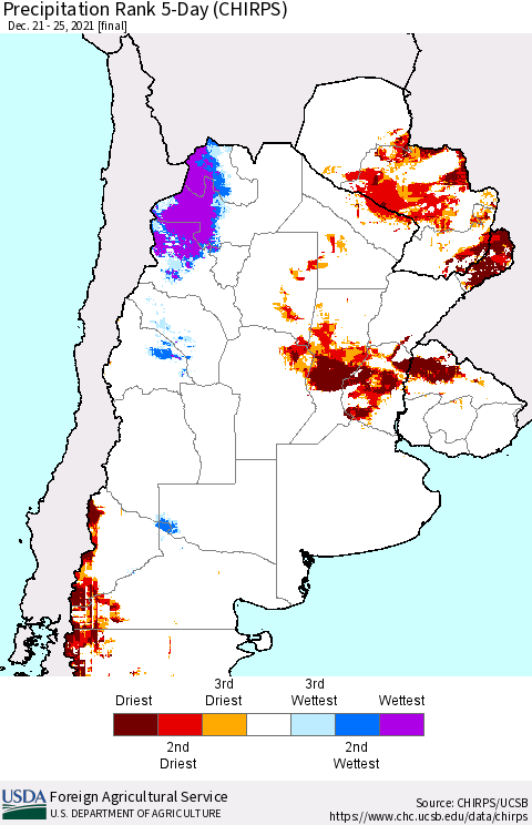 Southern South America Precipitation Rank 5-Day (CHIRPS) Thematic Map For 12/21/2021 - 12/25/2021