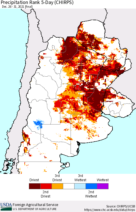 Southern South America Precipitation Rank 5-Day (CHIRPS) Thematic Map For 12/26/2021 - 12/31/2021