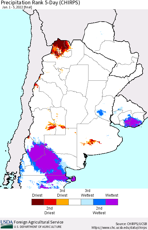 Southern South America Precipitation Rank since 1981, 5-Day (CHIRPS) Thematic Map For 1/1/2022 - 1/5/2022
