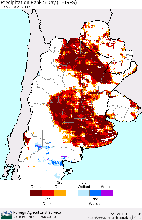 Southern South America Precipitation Rank 5-Day (CHIRPS) Thematic Map For 1/6/2022 - 1/10/2022